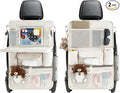 Car Backseat Organizers 2 Pack with Foldable Trays - PU Leather Back Seat Organizers with 11 Storage Pockets, Tablet Holders, Seat Back Protectors for Kids Family Travel Accessories (Beige)