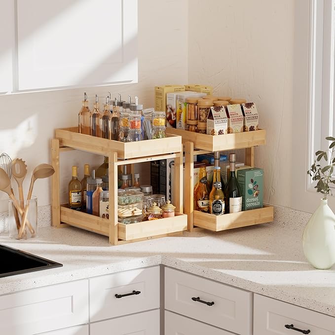 Bamboo Wood Under Sink Organizer 2 Pack, Pull Out Cabinet Organizer 2 Tier Under Sink Organizers and Storage with Sliding Drawer Sturdy Easy Assembly for Kitchen Bathroom (Nature)