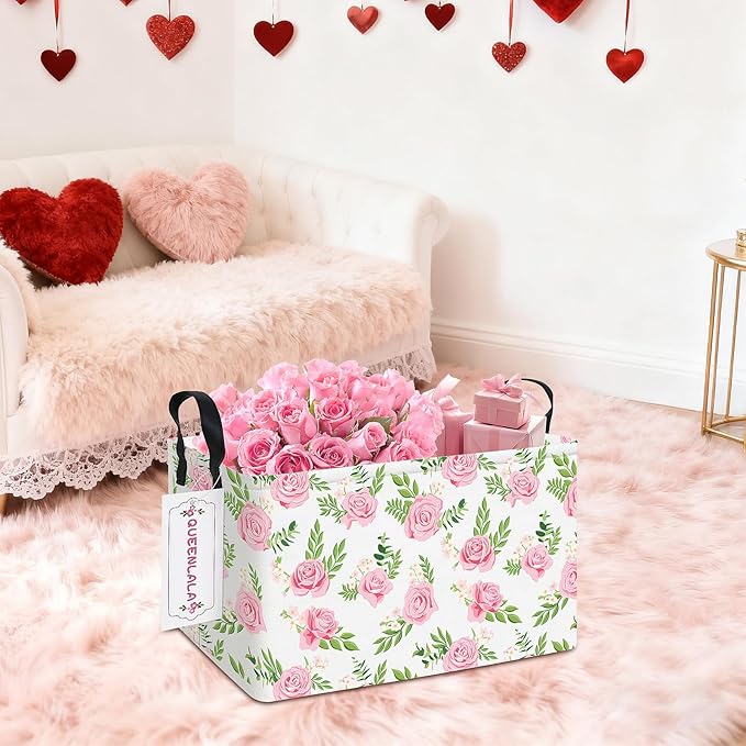 QUEENLALA Rectangular Laundry Hamper/Foldable Nursery Laundry Basket for Organizing/Storage Bin Baskets/Children Toy Office Bedroom/Toy Bin Closet Shelf Baskets (Rec-Pink roses)
