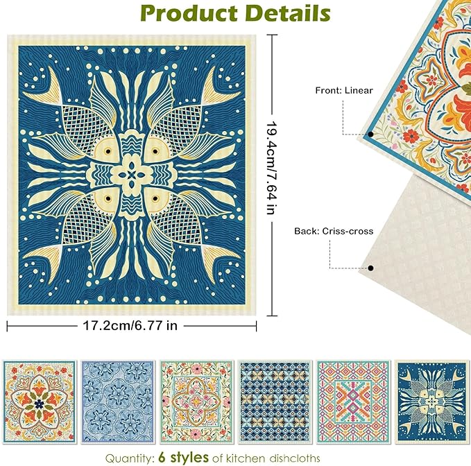 6 Packs Swedish Paper Cloths for Kitchen, Reusable Paper Towels Washable Dish Rags, Highly Absorbent Kitchen Towels Quick Drying Swedish Sponge Cleaning Dish Cloths (Fish Ornamentation)