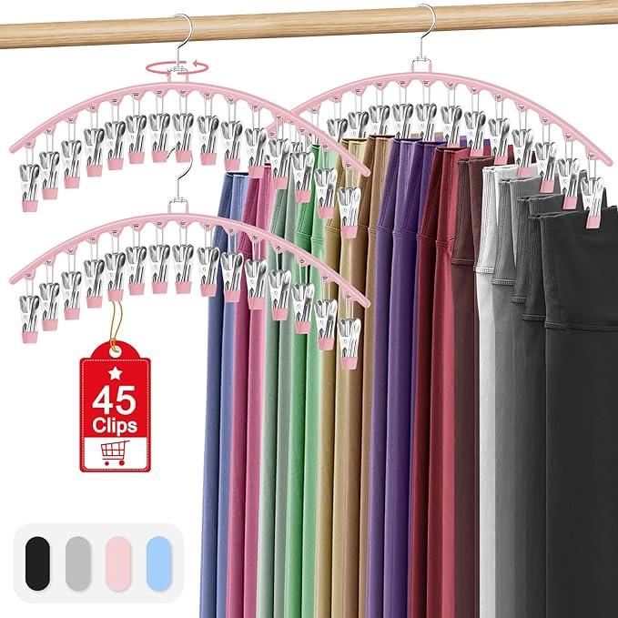 3 Pack Legging Organizer for Closet Hanging, Pants Hangers with Clips Holds 45 Leggings, Shorts, Skirts, Jeans, Hats, Pants Hangers Space Saving Clothes Racks Closet Organizers and Storage, Pink