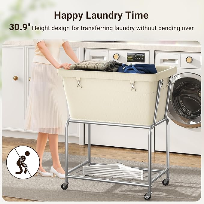 ELYKEN Laundry Cart with Wheels, Rolling Laundry Hamper with Removable Bag and Shelf, Metal Frame Laundry Basket with 4 Casters and 2 Brakes, Ideal for Bedroom, Bathroom, Laundry Room, Cream