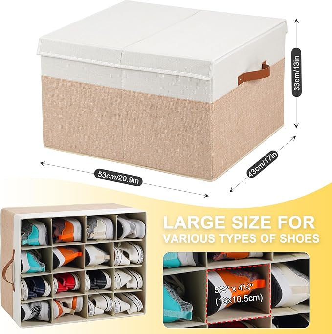 Shoe Organizer 16 Pairs, Large Shoe Storage Box Bin Containers with Adjustable Dividers for Sandals, High Heels, Sneakers, Stackable and Foldable (Beige and White)