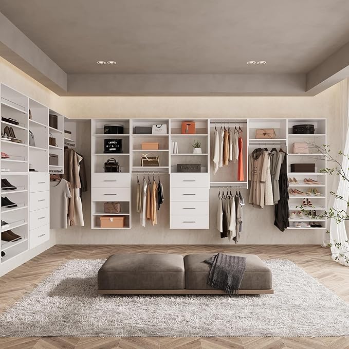 ROOMTEC Modular Closet System, 84" Wall-Mounted Closet Organizer with Hanging Rods, Modern Wooden Tower for Walk-In Closets, Wardrobe Storage Kit, White
