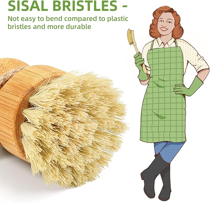 SUBEKYU Bamboo Dish Brush Set with Soap Holder, Wooden Dish Scrubber with Soap Dispenser, Natural Kitchen Scrub Brush, Washing Pot/Pans/Cast Iron, 2 Pack, Sisal Bristles