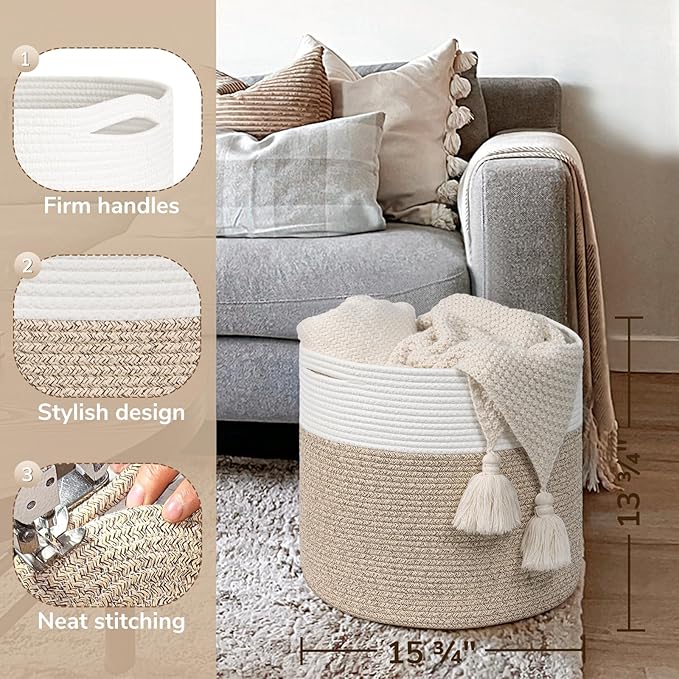 Goodpick Woven Rope Basket 15.8 x 13.8 inches, Toy Storage for Organizing, Blanket Basket Living Room, Toy Bin for Playroom, Light Brown