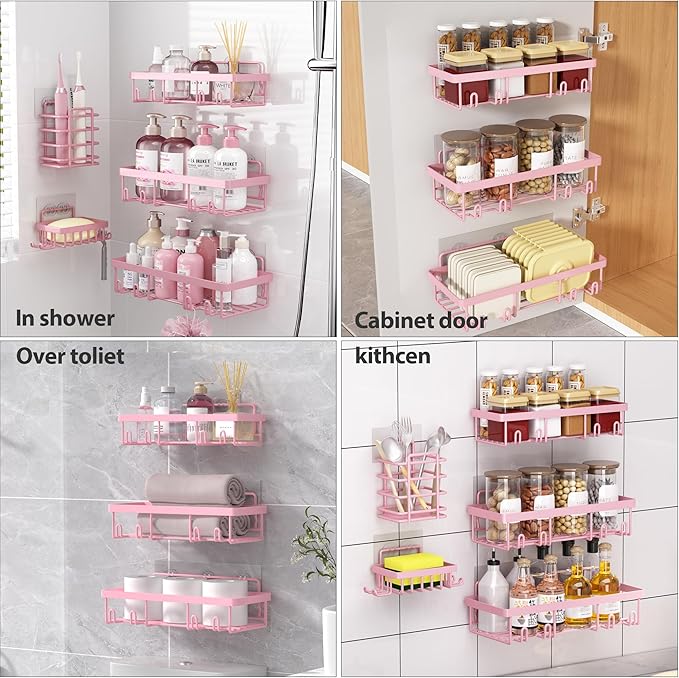 10 Pack Shower Caddy Organizer Rack Shelf for Inside Shower, Self Adhesive Wall Storage Basket Rustproof Stainless Steel Shampoo Holder Bathroom Accessory Decor Set, Pink