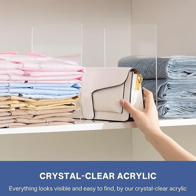 HBlife Acrylic Shelf Dividers for Closet Organization, 8 Pack Clear L-Shaped Closet Dividers for Shelves, Adjustable Purse Organizer for Sweater, Shirts, Handbags in Bedroom, Kitchen and Bookshelf