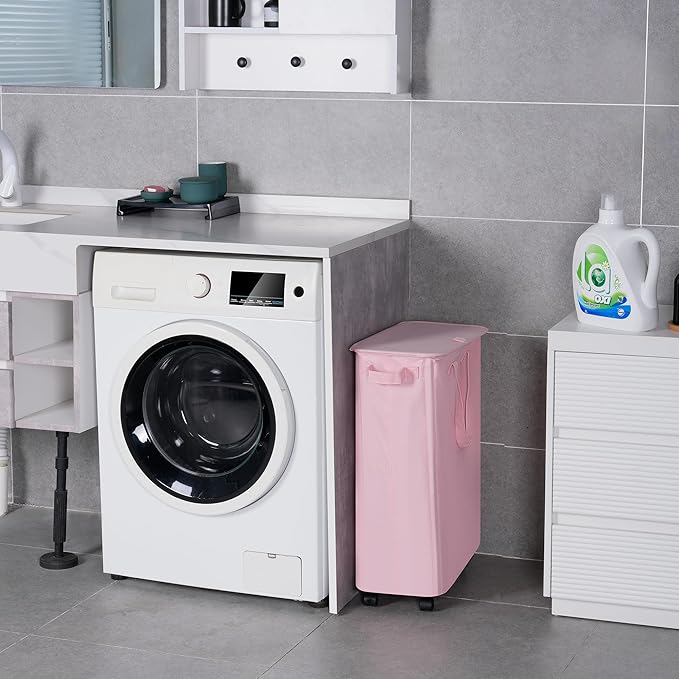 Slim Laundry Hamper with Lid and Wheels, Small Rolling Laundry Basket with Handle for Small Spaces, Tall Dirty Clothes Hampers for Dorm, Bathroom and Bedroom, 55L, Pink