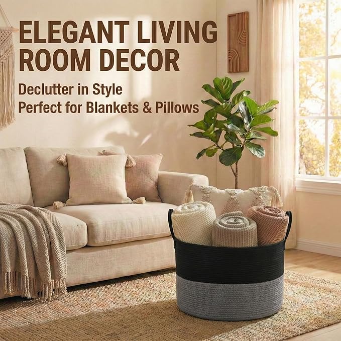115L Extra Large Blanket Basket for Living Room - Woven Cotton Rope Laundry Hamper with Reinforced Handles - Storage Bin for Pillows, Comforters & Toys - Machine Washable, Black&Grey
