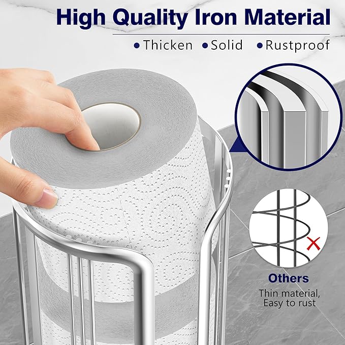 Toilet Paper Holder Stand, Freestanding Bathroom Tissue Organizer, Minimalistic Storage Solution, Reserve Mega Rolls,Stylish Bathroom Floor Toilet Paper Stand Silver