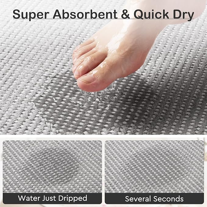 MontVoo Bathroom Runner Rugs,Chenille Absorbent Bath Mat Runner Quick Dry Rubber Backed Bath Runners Non Slip Washable Long Bathroom Rugs,Ultra Thin Bath Rugs Fit Under Door,17"x59",Grey