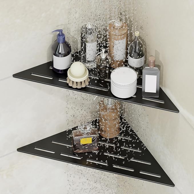 Peaktrivol Corner Shower Caddy Shelf, Recessed Built-in Bathroom Storage for Tiled 90° Walls, Matte Black 304 Stainless Steel, Set of 2