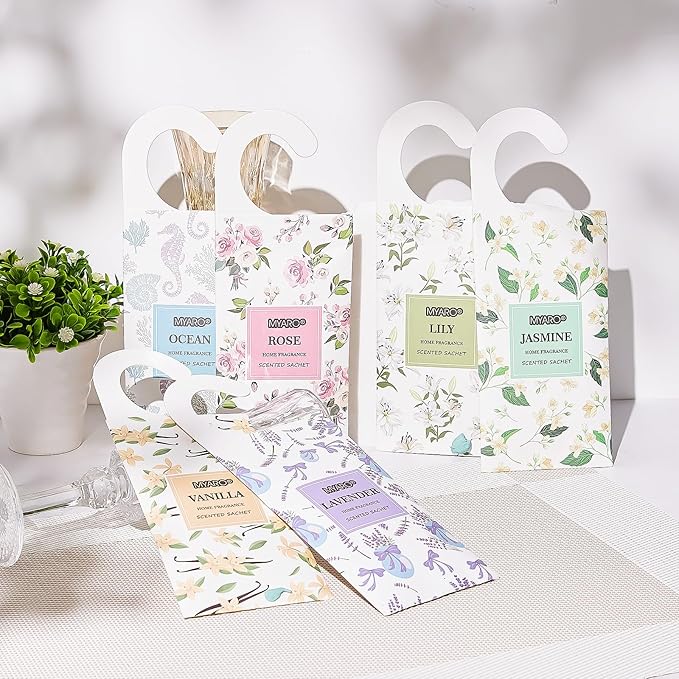 MYARO 12 Packs Large Sachets for Drawer & Closet Air Freshener Scent Potpourri Bag Long Lasting Deodorizer 6 Scents - Lavender, Rose, Jasmine, Ocean, Vanilla, Lily