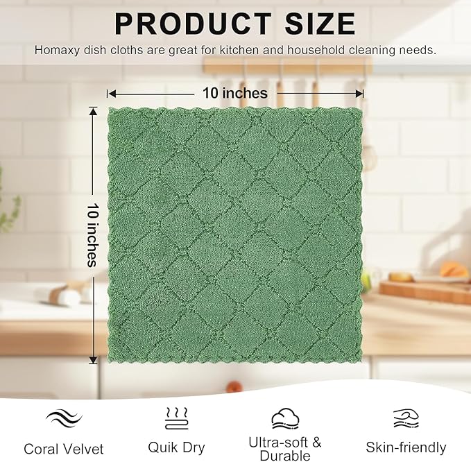 Homaxy 18 Pack Kitchen Dish Cloths (10 x 10 Inches, Grass Green), Super Soft and Absorbent Coral Velvet Dish Towels, Nonstick Oil Fast Drying Microfiber Cleaning Cloth, No Lint Household Dishcloths