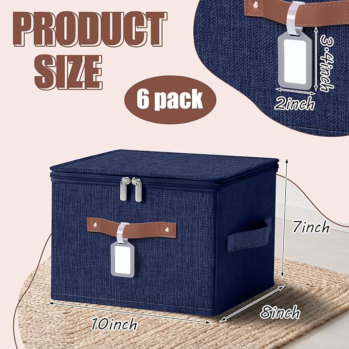 Fiwochic 6 Pack Fabric Storage Bins with Lids, 10×8×7Inch Foldable Cotton Linen Storage Boxes with PU Leather Handles and Label Holders for Closet, Bedroom, Shelf, Nursery, Dark Blue
