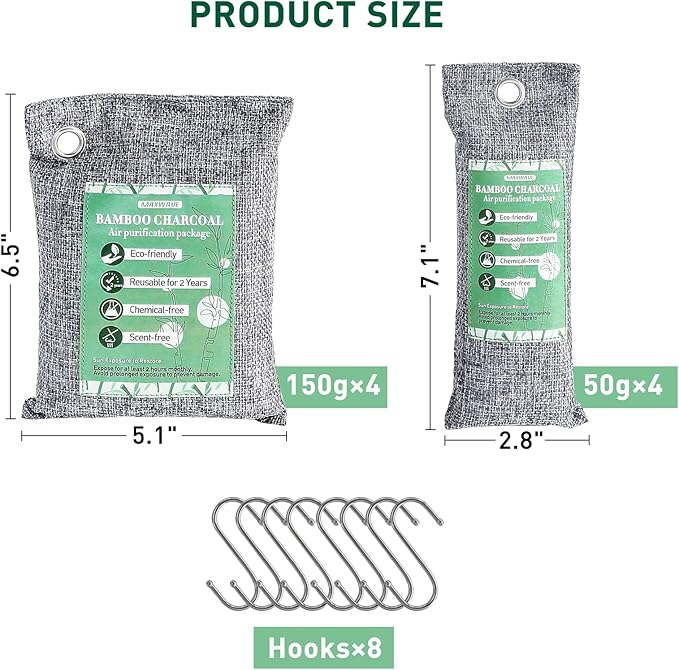MAXWAVE 8 Pack Activated Charcoal Odor Absorber Bags, Bamboo Charcoal Air Purifying Bags, Natural Air Freshener, Shoe Deodorizer, Moisture Absorber, Odor Eliminators for Home, Car (4×50g, 4×150g)