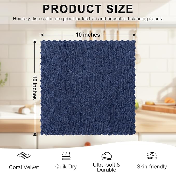 Homaxy 12 Pack Kitchen Dish Cloths (10 x 10 Inches, Navy Blue), Super Soft and Absorbent Coral Velvet Dish Towels, Nonstick Oil Fast Drying Microfiber Cleaning Cloth, No Lint Household Dishcloths