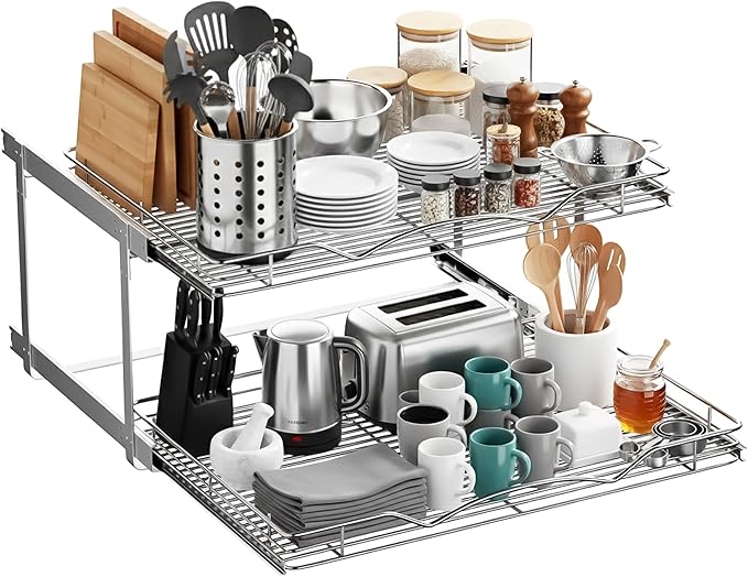 2-Tier Pull-Out Cabinet Organizer with Heavy-Duty Steel Frame, Full-Extension Sliding Shelves, Holds 100 lbs, Easy Install for Kitchen, Pantry & Under Sink Cabinets, 30" W x 21”D x 16.5" H