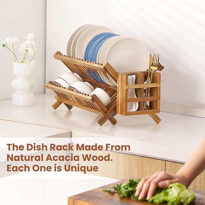 Acacia Wooden Dish Drying Rack for Kitchen Counter 2-Tier Collapsible Bmaboo Dish Drying Rack with Utensil Holder-Large Folding Dish Drainer Rack with Flatware Holder 34 pcs Grid