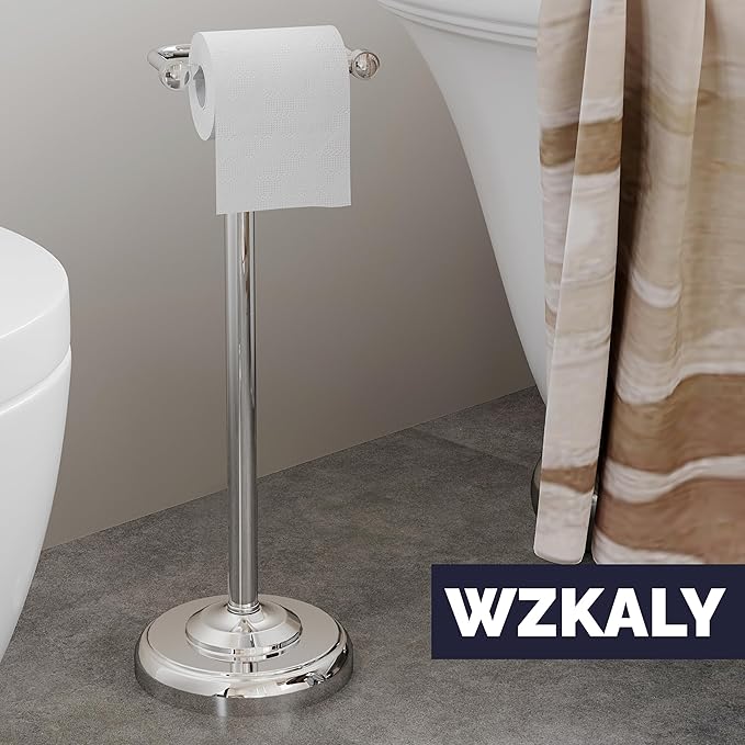WZKALY Toilet Paper Holder Stand, Polished Chrome Toilet Paper Holder Free Standing, Post Pivoting Design & Stable Weighted Base SUS304 Stainless Steel for Bathroom(Mega Roll)