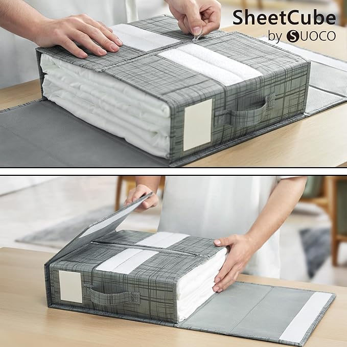 SUOCO SheetCube Bed Sheet Organizers and Storage 2 Pack, Foldable Linen Closet Organizer, Bedding Folder Storage Box Container for Blanket, Duvet Cover Set, Bed Sheet Set - Pattern Grey