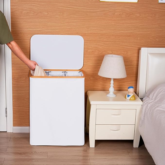 efluky Laundry Hamper with Lid, Double Laundry Hamper with 2 Removable Bags, 2 Section Laundry Basket with Bamboo Handles for Bathroom, Bedroom & Laundry Room (White, 160L Trio)