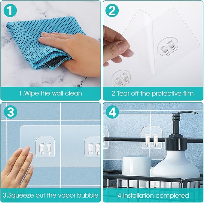 4 Pack Shower Caddy Adhesive Hooks Replacement, Strong Self-Adhesive Sticker No Drilling Waterproof Hanging Hooks for Bathroom Storage Shelves Kitchen Racks (Double Hook,Transparent)