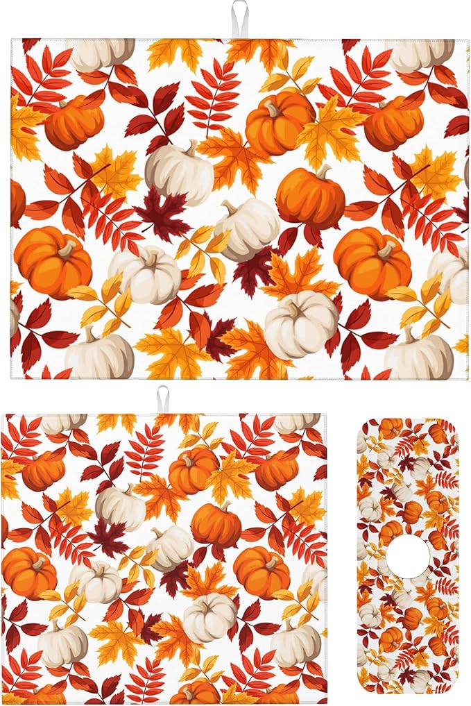 3Pcs Watercolor Pumpkin Dish Drying Mat & Kitchen Sink Splash Guard Faucet Mat For Kitchen Counter Absorbent Microfiber Dishes Pad Dish Drainer Rack Mats Fast Dry Kitchen Accessories
