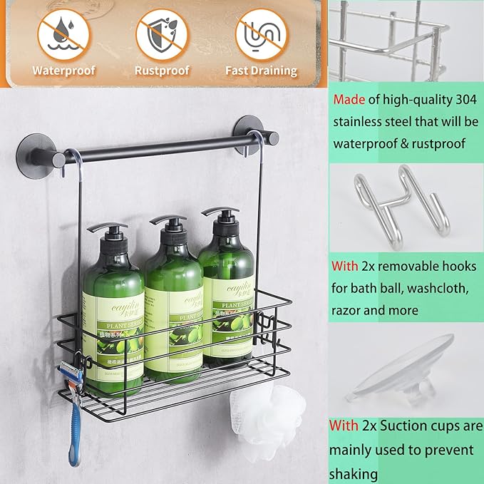 Shower Caddy Hanging Shower Orangizer Stainless Steel Shower Rack with Hooks Over The Door, Shampoo Basket Storage (Black)