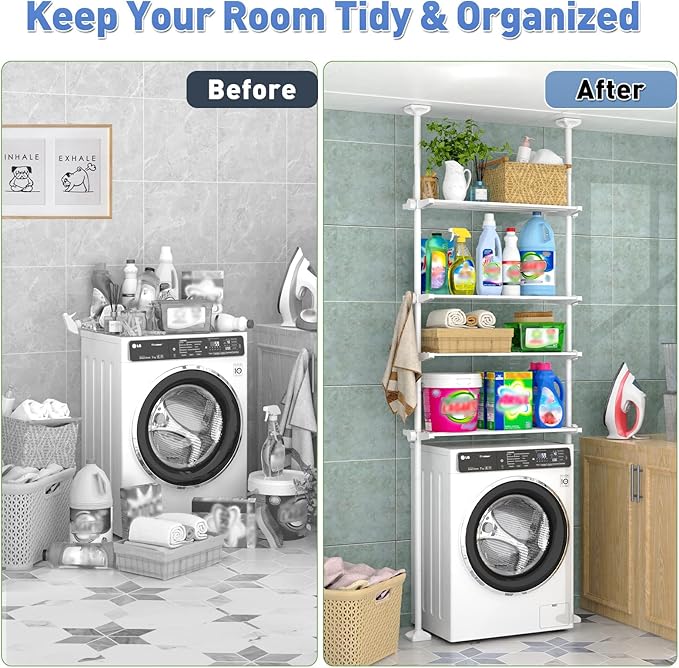 Over The Toilet Storage Shelf, 4-Tier Adjustable Over Toilet Bathroom Organizer,Tension-Mounted Bathroom Storage Rack for Ceilings, No Drill Space-Saving Shelving for Small Rooms,White