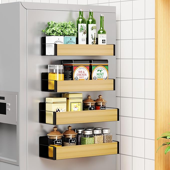 2/3/4 Pack Moveable Fridge Magnetic Spice Racks,Metal Black/White (Bamboo)