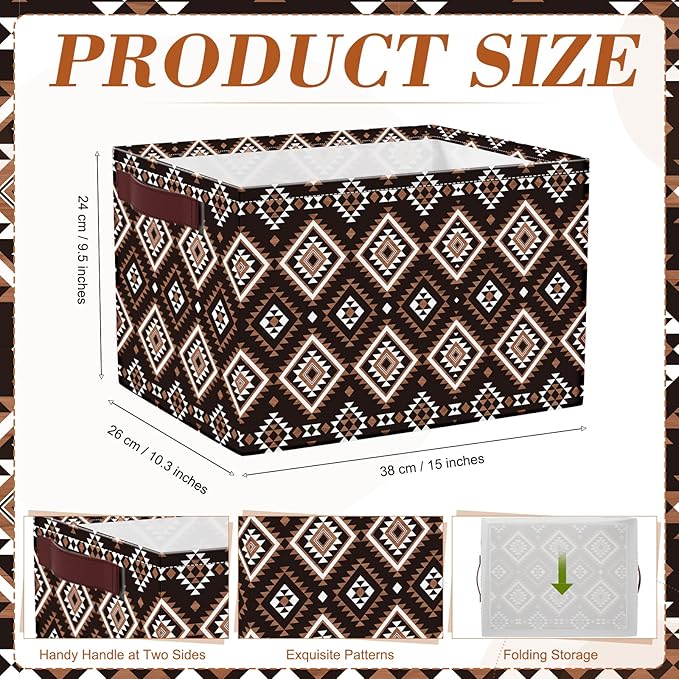 Boao 3 Pack Western Aztec Geometric Storage Bins, Large Foldable Canvas Gift Baskets with Handles, Boho Rustic Laundry Basket for Nursery Home Office Organization, Closet, Bedroom & Living Room Decor