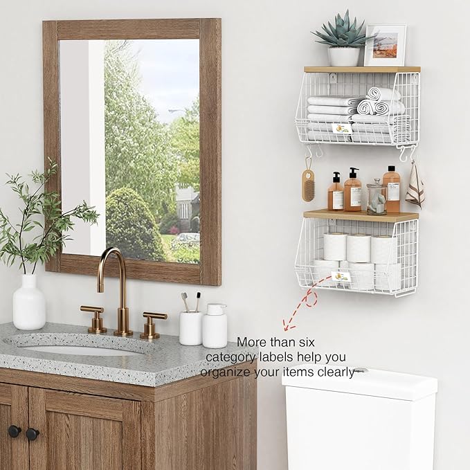 White Fruit Storage Basket for Kitchen Counter Set of 2, Wall Mount Wire Fruit Basket with Shelf with Banana Hanger, Hanging Countertop Organizer for Bathroom Pantry Cabinet, White + Natural