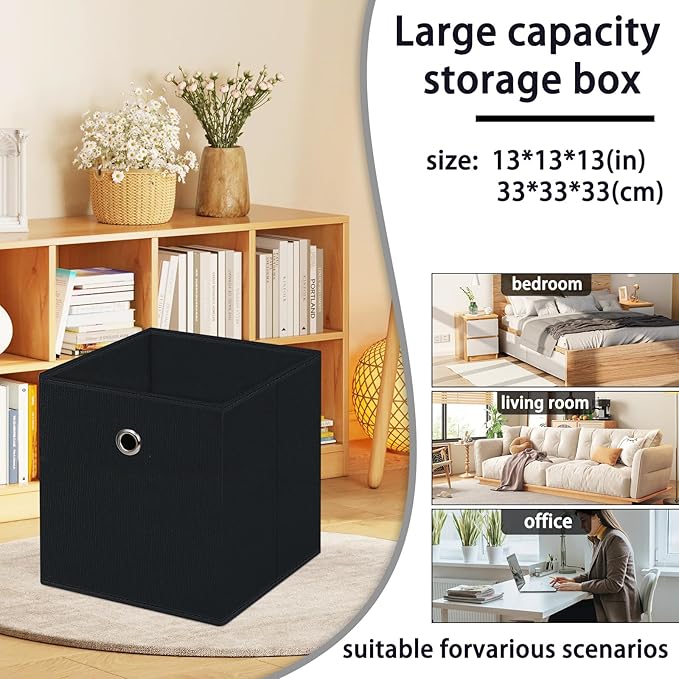 13 inch Record cubes storage bins,collapsible fabric storage cubes Decorative storage basket,apply to clothes organizer box,shelves in closet,laundry,daycare centers,offices,6 Pack(Black) ﻿