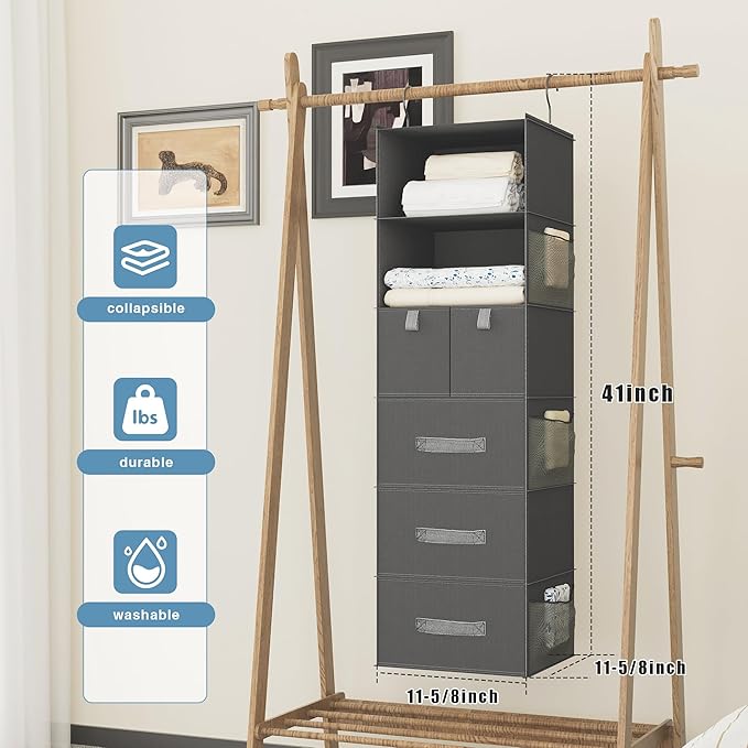 6-Shelves Hanging Closet Organizer with 5 Different Drawers, Foldable Organizers and Storage for Wardrobe, Closet& RV, Clothes and Accessories Storage, Non-Woven Fabric, Dark Gray