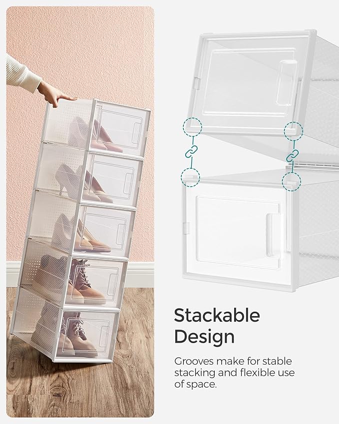 SONGMICS Shoe Boxes, Pack of 12 Shoe Storage Organizers, Stackable Clear Plastic Boxes for Closet, Sneakers, 13.7 x 9.9 x 7.4 Inches, Transparent and White ULSP12MWT