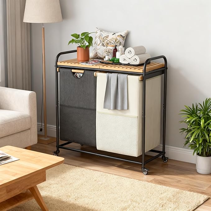 Laundry Sorter 2 Section, Laundry Hampers with Removable Shelf and Pull-Out Bags, Rolling Cart Clothes Hampers Basket with Wheels for Laundry Room Bathroom, 2 x 46 L
