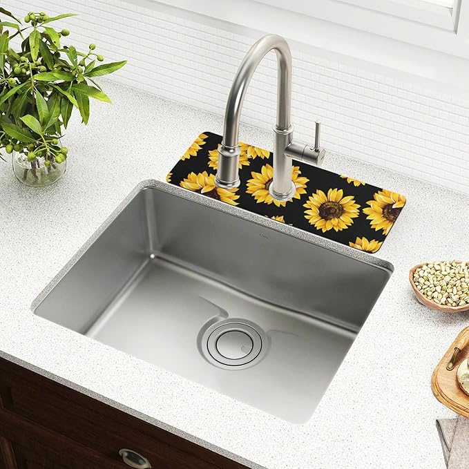 Kitchen Sink Splash Guard Sink Faucet Mat Faucet Handle Drip Catcher Drain Mats for Kitchen Bathroom Countertop Absorbent Dish Drying Mat Pad 2pack 14.7x5.4Inch Sunflowers Black