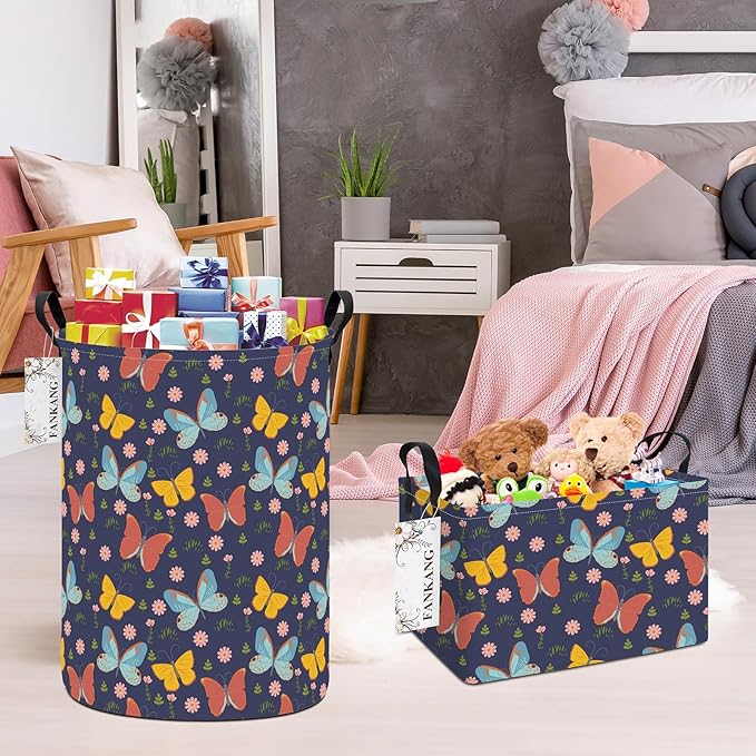 FANKANG Storage Basket, Nursery Hamper Canvas Laundry Basket Foldable with Waterproof PE Coating Large Storage Baskets for Kids Boys and Girls, Office, Bedroom, Clothes,Toys(Colorful Butterfly)