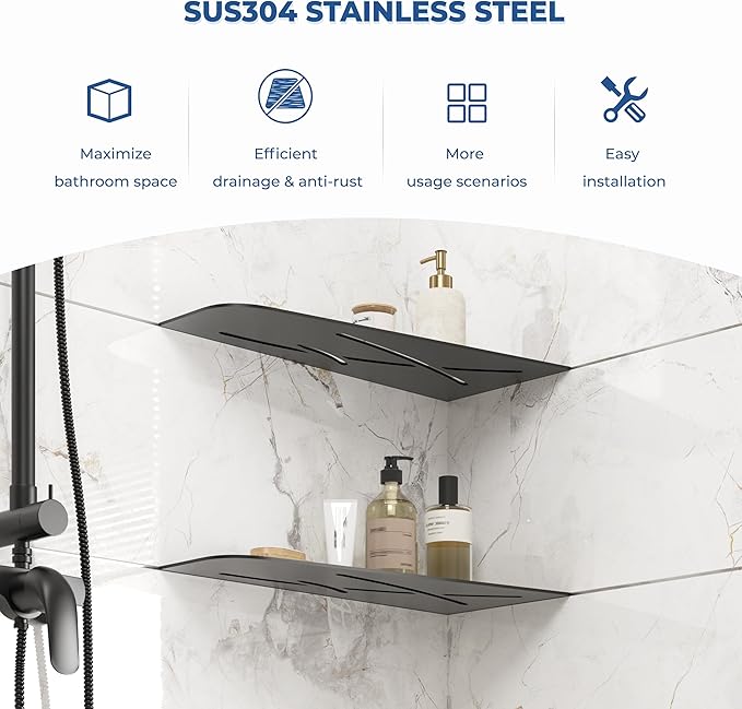 FerdY 2-Pack 12" Matte Black Recessed Corner Shower Shelf, for Tiled Bathroom Walls, 304 Stainless Steel Floating Shelf, Shower Caddy Storage Shelves, No Drilling Required, Trapezoidal