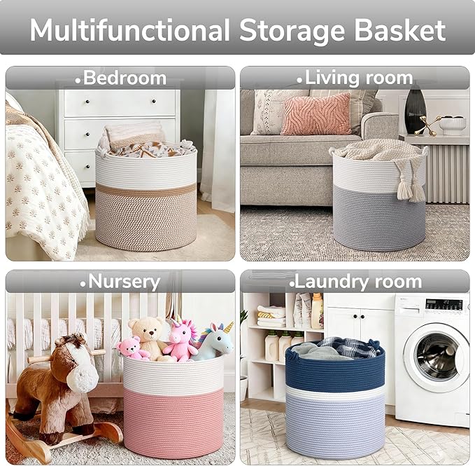 Goodpick 17"x16" Toy Storage for Kids, Home Décor Living Room, Baby Basket for Nursery Playroom, Soft Woven Cotton Rope Baskets for Blankets Pillows Clothes, Grey