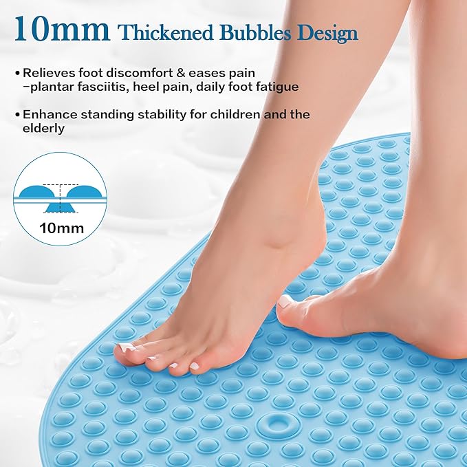 Joiyota Silicone Bathtub & Shower Mat Non Slip, Bubble Massage Anti Slip Shower Floor Mat with 27 x 15 Inches for Easy Storage, Machine Washable Bath Mat for Tub with All Ages, Blue, Oval