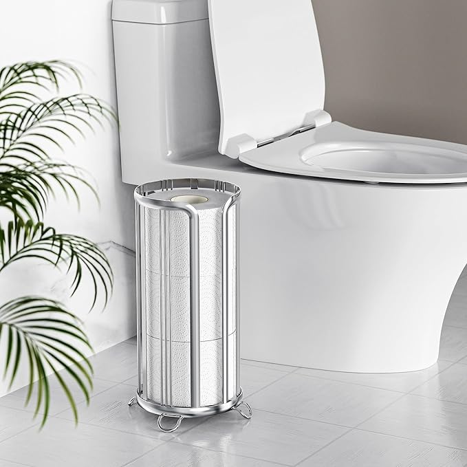 Toilet Paper Holder Stand, Freestanding Bathroom Tissue Organizer, Minimalistic Storage Solution, Reserve Mega Rolls,Stylish Bathroom Floor Toilet Paper Stand Silver