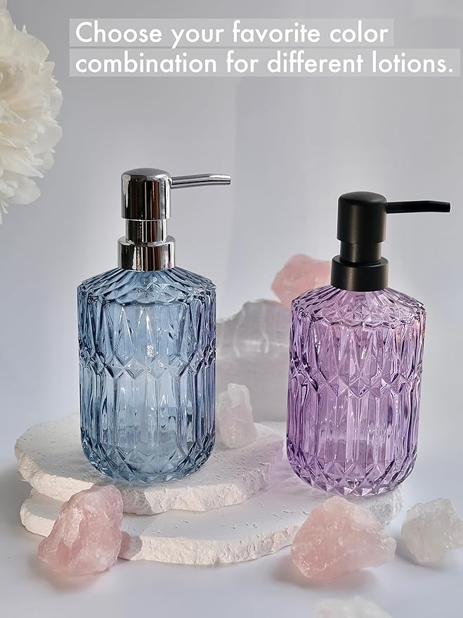 Clear Glass Soap Dispenser with Silver Rust Proof Pump, Refillable Thick Glass Kitchen Soap Dispenser, Lotion Dispenser Bathroom for Hands Soap, Dish Soap, Body Wash (Blue