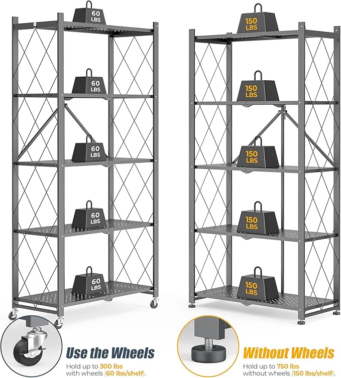 5-Tier Folding Metal Storage Shelf with Wheels, Heavy Duty Organizer Rack Holds 750 lbs, No Assembly Utility Shelving for Kitchen, Garage, Pantry, Living Room, Office (New Upgrade - Gray, 5 Tier)
