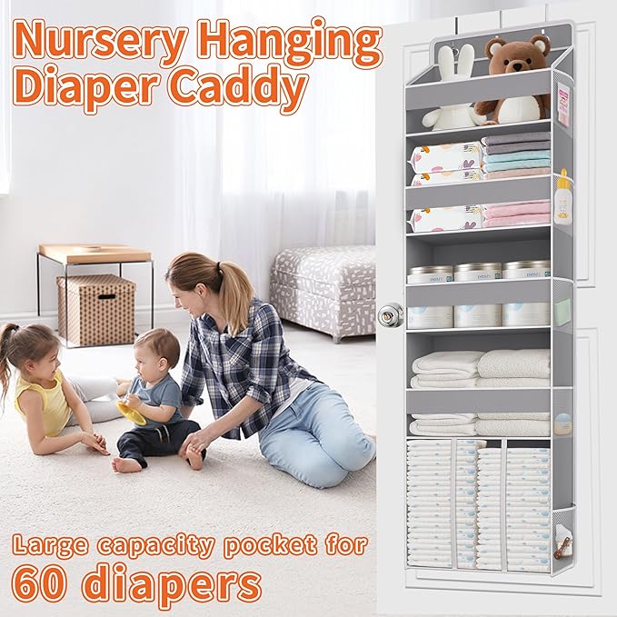 Heavy Duty Over the Door Organizer with Large Capacity Caddy, Behind Door Storage with 10 Mesh Side Pockets, Back of Door Hanging Organizer for Closet, Bathroom, Laundry