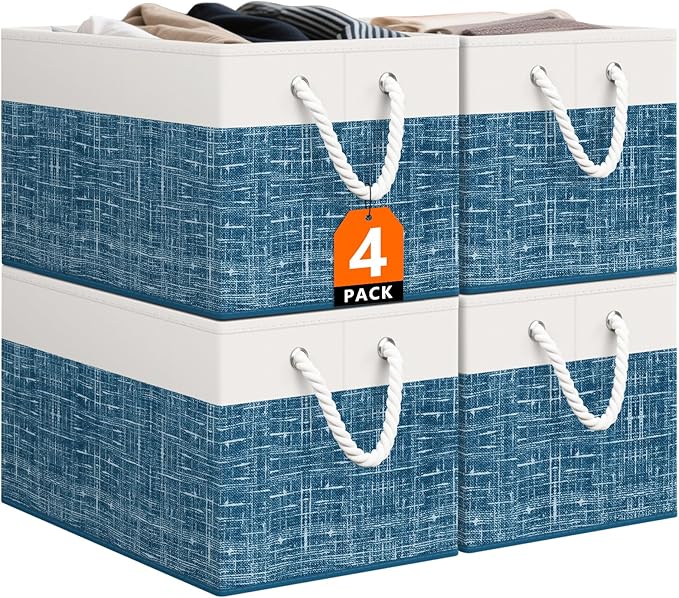 Storage Bin,Collapsible Storage Basket For Organizing,Large Storage Boxes With Rope Handles,Storage Containers,White & Blue,4 Pack