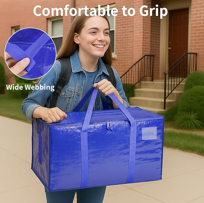 4 Pack-Extra Large Heavy Duty Moving Bags - Waterproof Storage Totes with Handles & Zippers, Foldable for College Dorm, Storage (Blue)