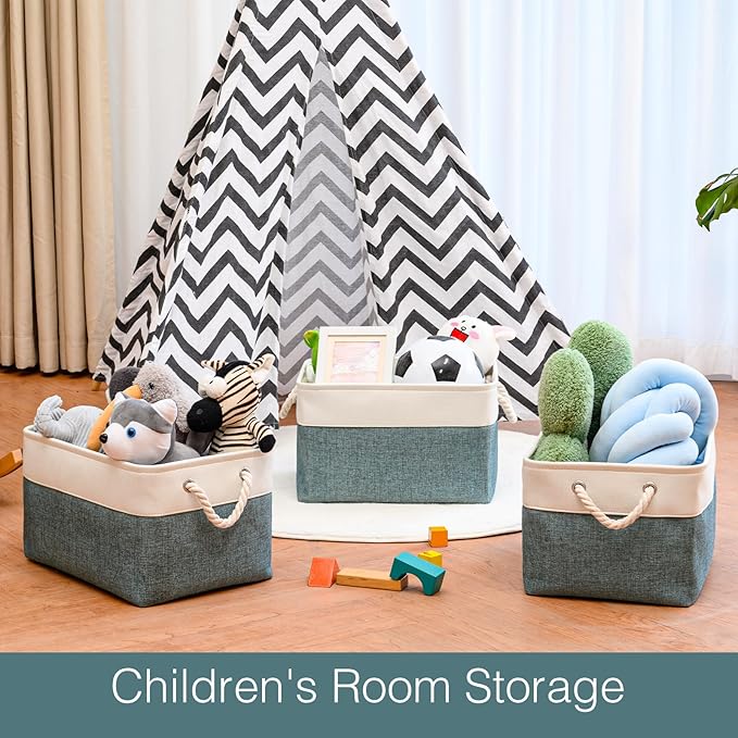 DUHEL Storage Bins 3 Pack, Fabric Storage Basket for Collapsible Medium Canvas Storage Baskets for Organizing Shelf Nursery Home Closet . 15(L) x 11(W) x 9.5(H) inch (White&Teal-3PCS)
